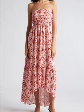 Ramy Brook Strapless Coral-Pink Geometric Maxi Dress